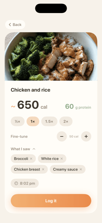 dinki-di's estimate card showing ~650 cal and 60 g protein, with removable ingredient chips under “What I saw”.